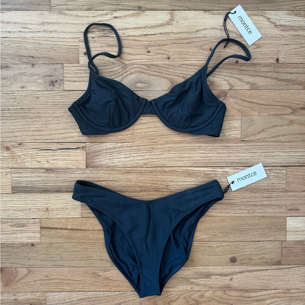 Montce Dainty charcoal Bikini top and Lulu added coverage zigzag charcoal bottom